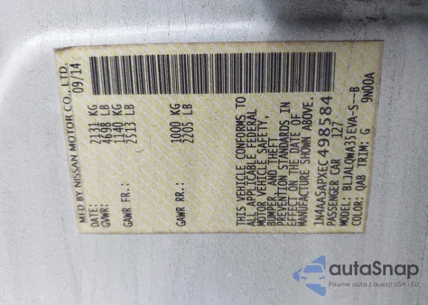 2014 Nissan Maxima 3.5 S из США, поврежденный, VIN 1N4AA5APXEC498584